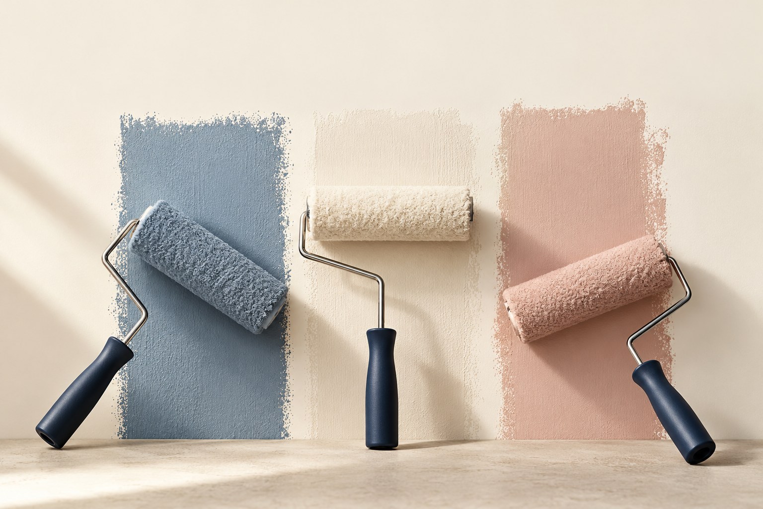 Paint rollers with soft blue, warm white and clay pink paint swatches